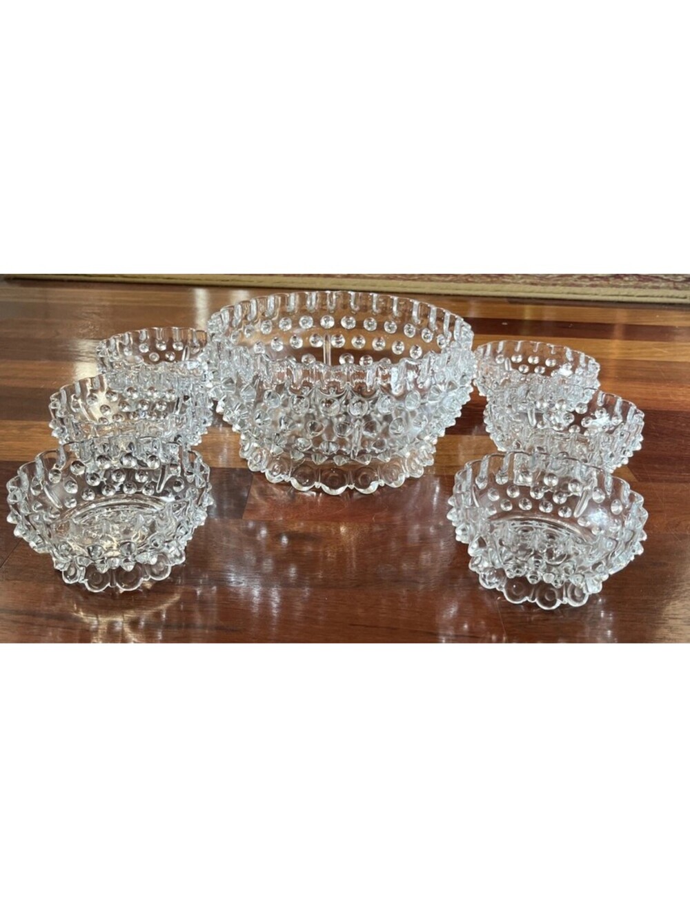 Antique 1886 Hobbs Brockunier Dew Drop No 323 Master Berry Bowl Set 7 Pc EAPG